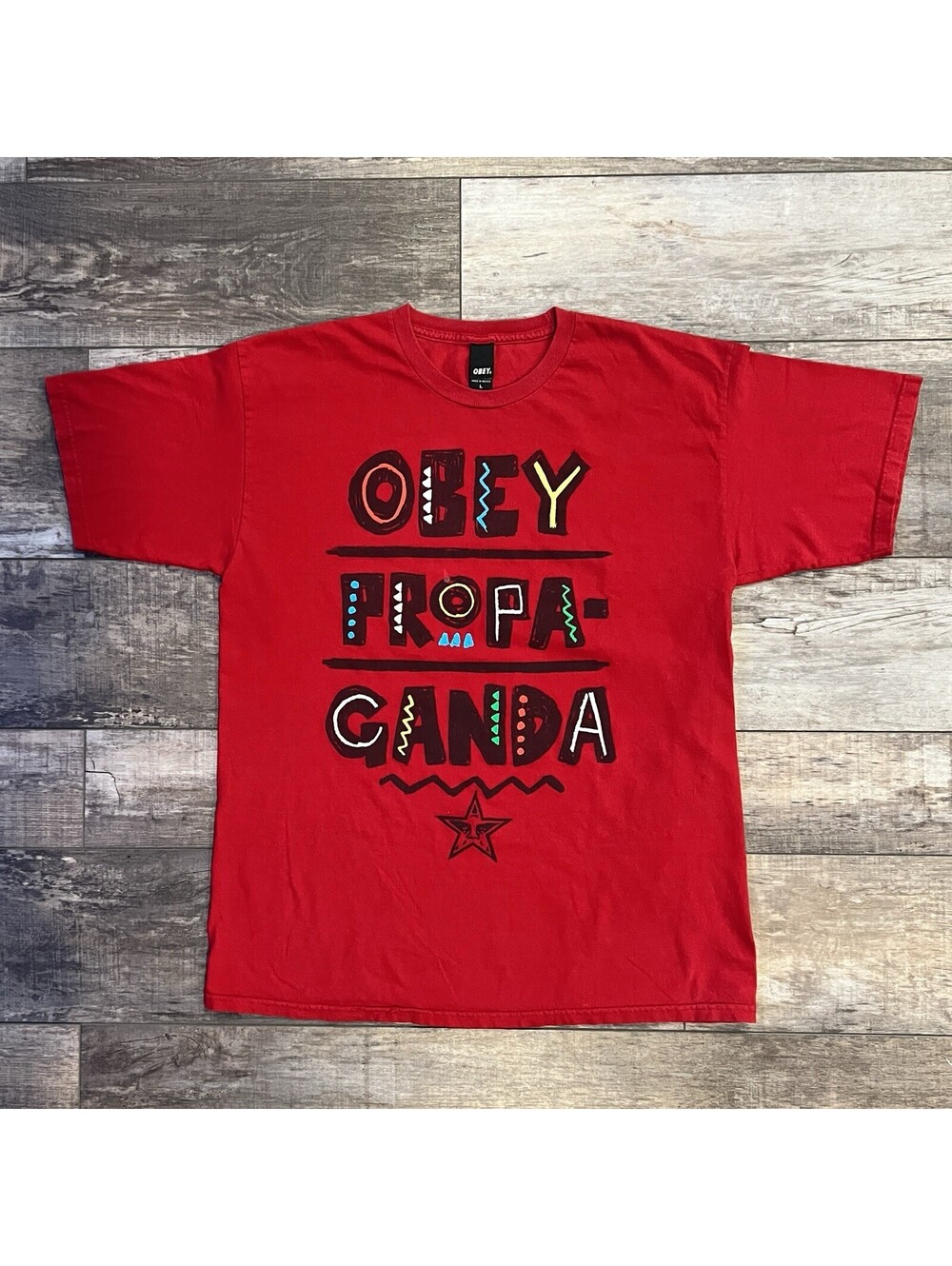 Obey Propaganda African Tribal Text Logo Tee Red 100% Cotton T Shirt Mens L